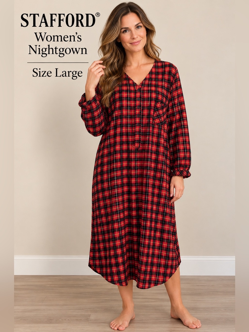 Stafford Women’s Large Plaid 100% Cotton Long Nightshirt